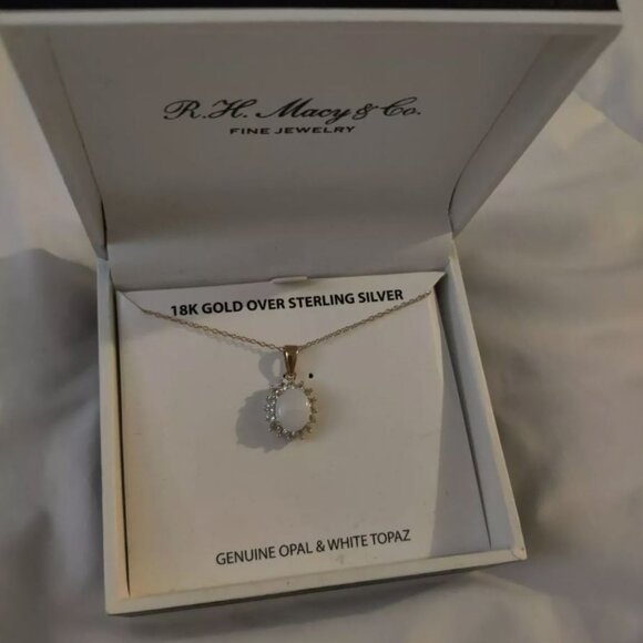 SOLD Genuine Opal White Topaz Necklace Pendant. Sterling Silver 18K Gold - Picture 5 of 5